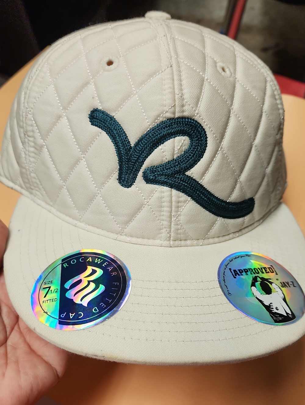 Rocawear White Quilted Snapback Hat with Teal Embroidered R